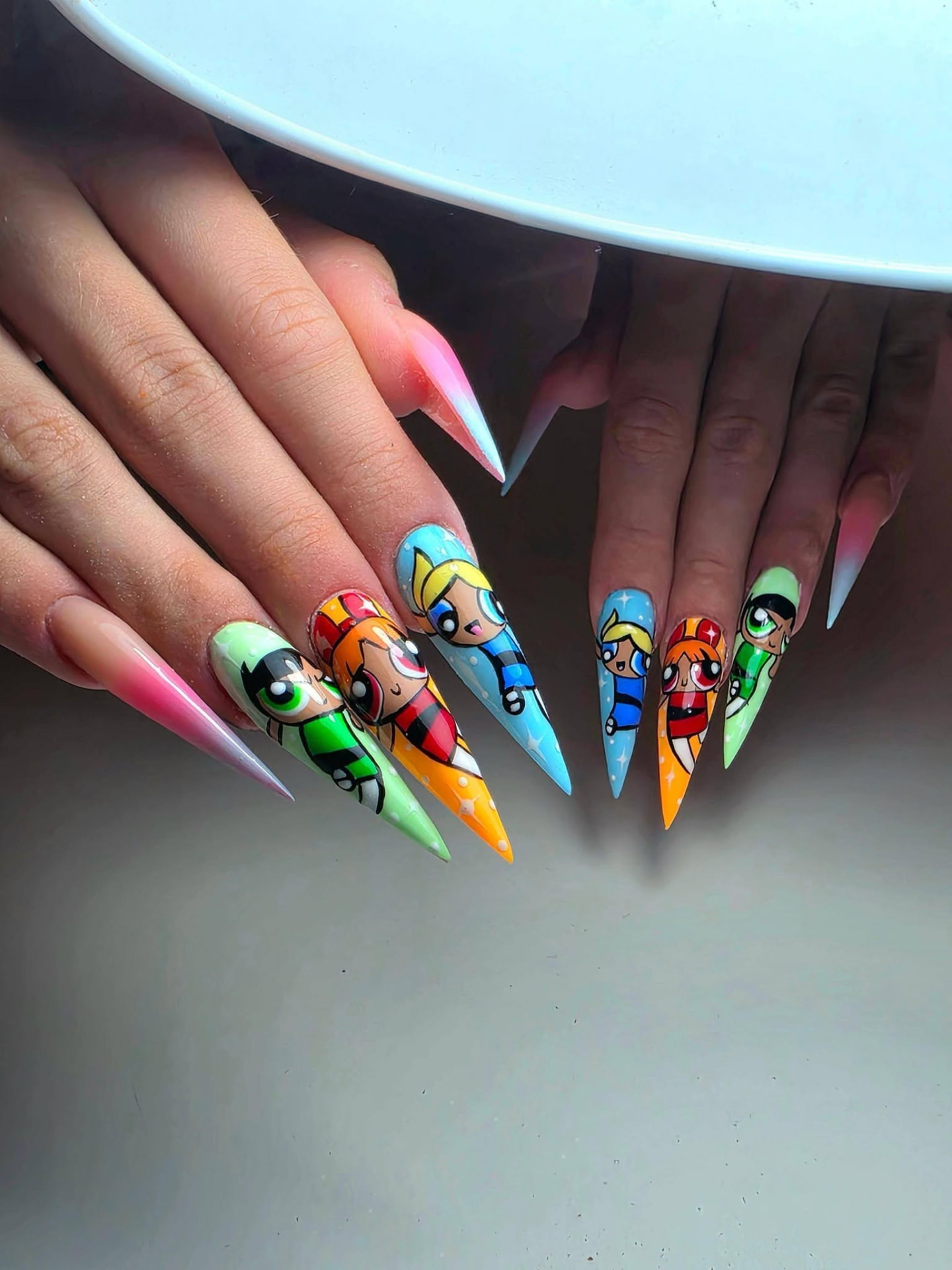 Hand-painted cartoon character stiletto nail art
